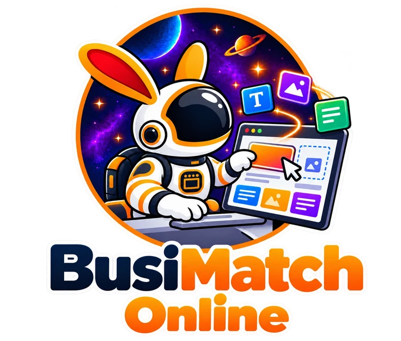Logo di BusiMatch Online: un coniglio astronauta costruisce un sito web con i blocchi